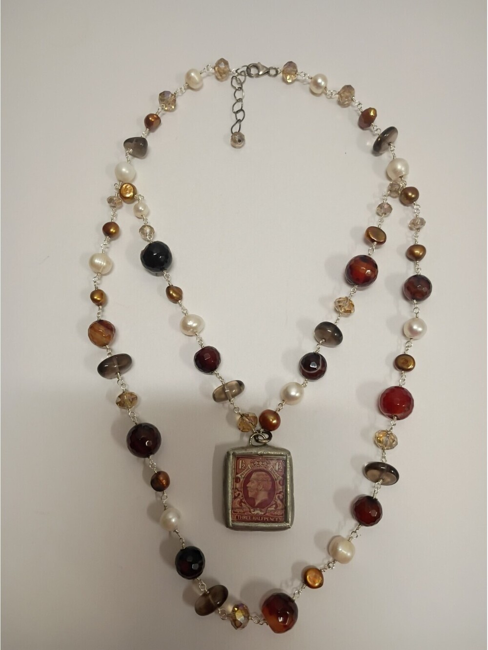Vintage 1920s Stamp 925 Silver Gemstone Pearl Double Strand Necklace Washington